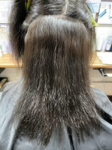 後ろ姿からも、髪の広がりと質感の乱れがよく分かります。 特に毛先はパサつきが強く、手ぐしも通りづらい状態でした。