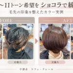 ブリーチ履歴のある毛先を根元と別のカラー設計で10〜11トーンのショコラに整えたビフォーアフター