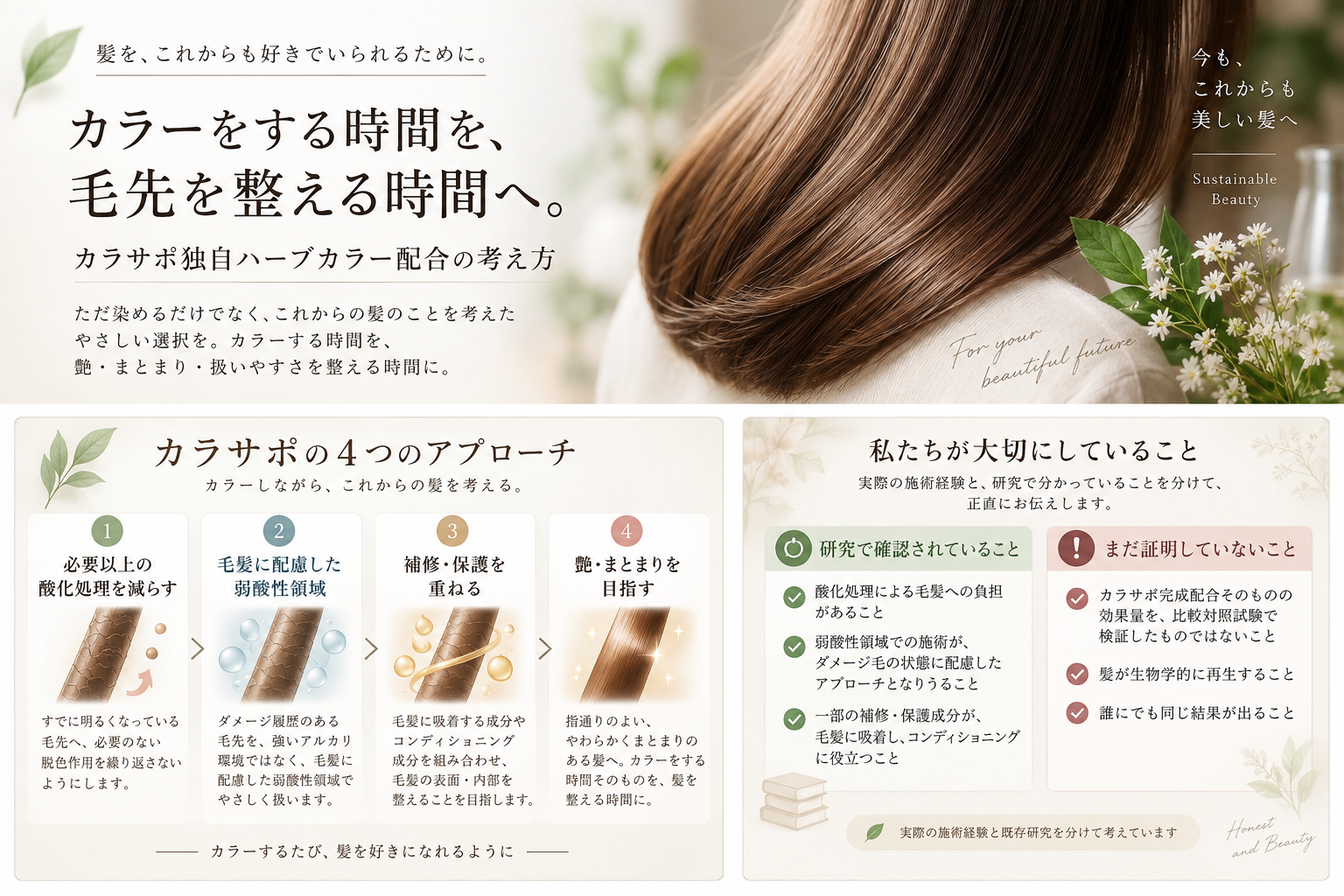 必要以上の酸化処理を減らし弱酸性領域や補修保護を組み合わせ艶とまとまりを目指すカラサポの4つの考え方