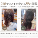2年前と現在の髪を比較した髪質改善の実例。アルカリ処理による軟化や広がりが気になっていた髪の長期経過