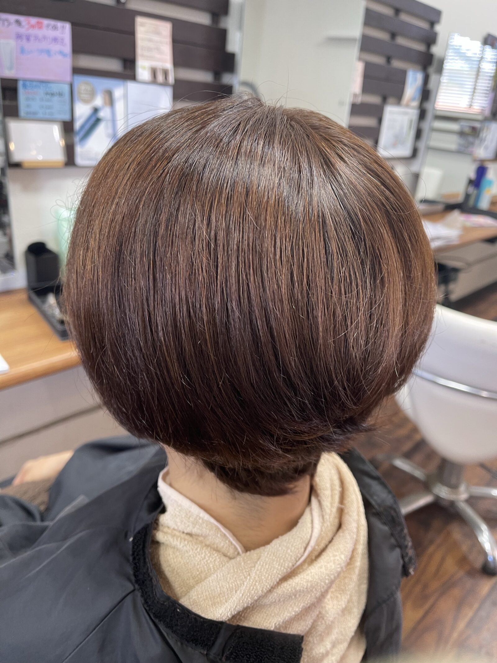 根元はナシードカラー、毛先はナチュラルハーブカラーで10〜11トーンのショコラに整えた左後ろの仕上がり